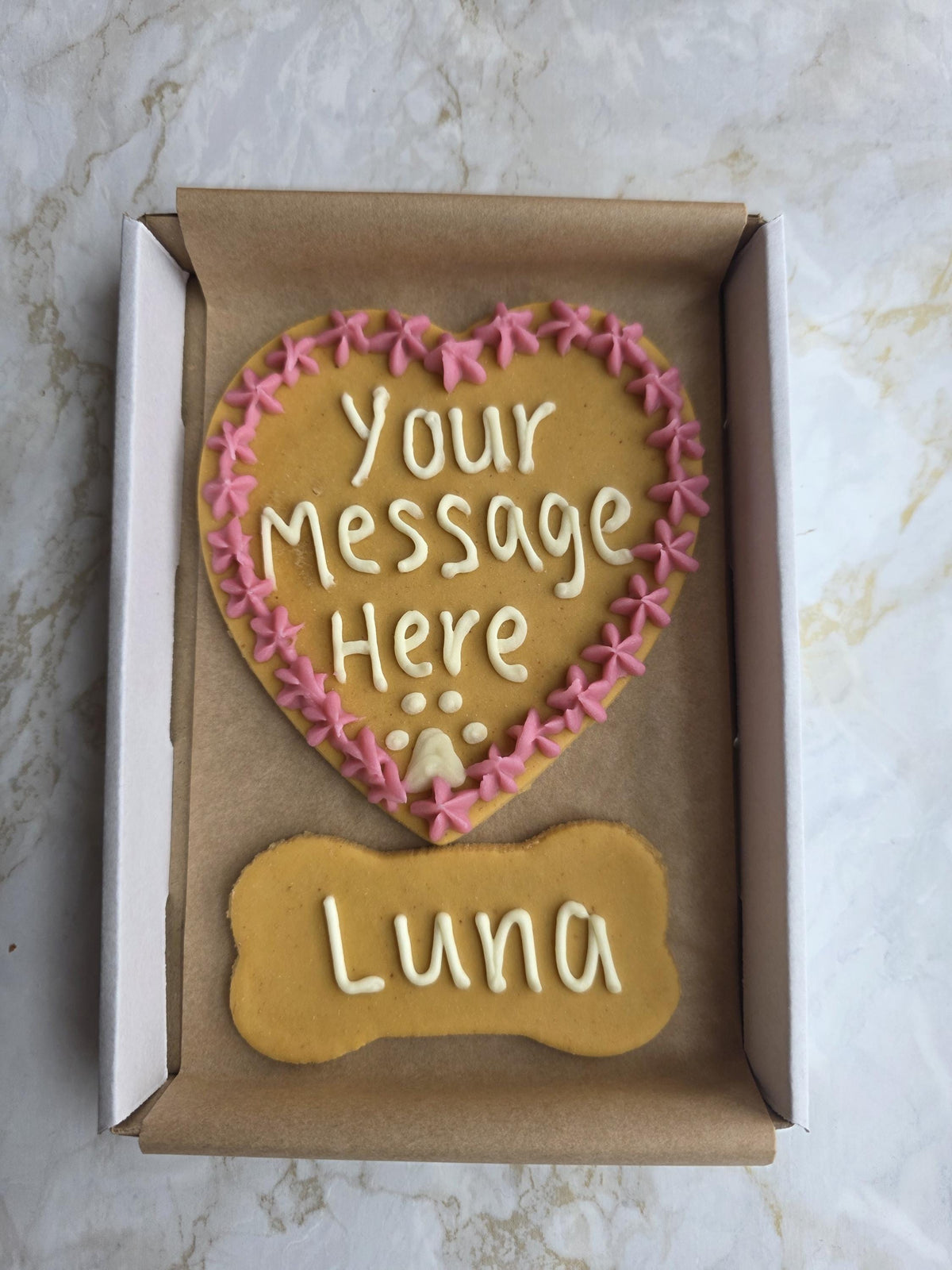 Personalised Dog Treat Gift Box - Heart and Bone Biscuits - Woof&Crunch