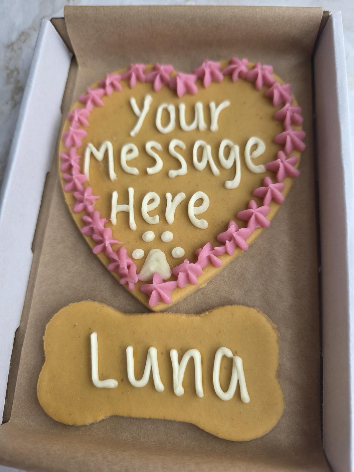 Personalised Dog Treat Gift Box - Heart and Bone Biscuits - Woof&Crunch