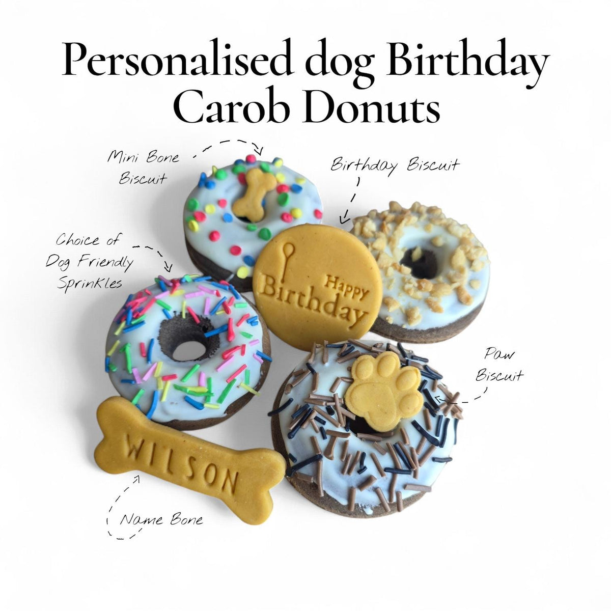 Personalised Dog Birthday Carob Donuts - Woof&Crunch