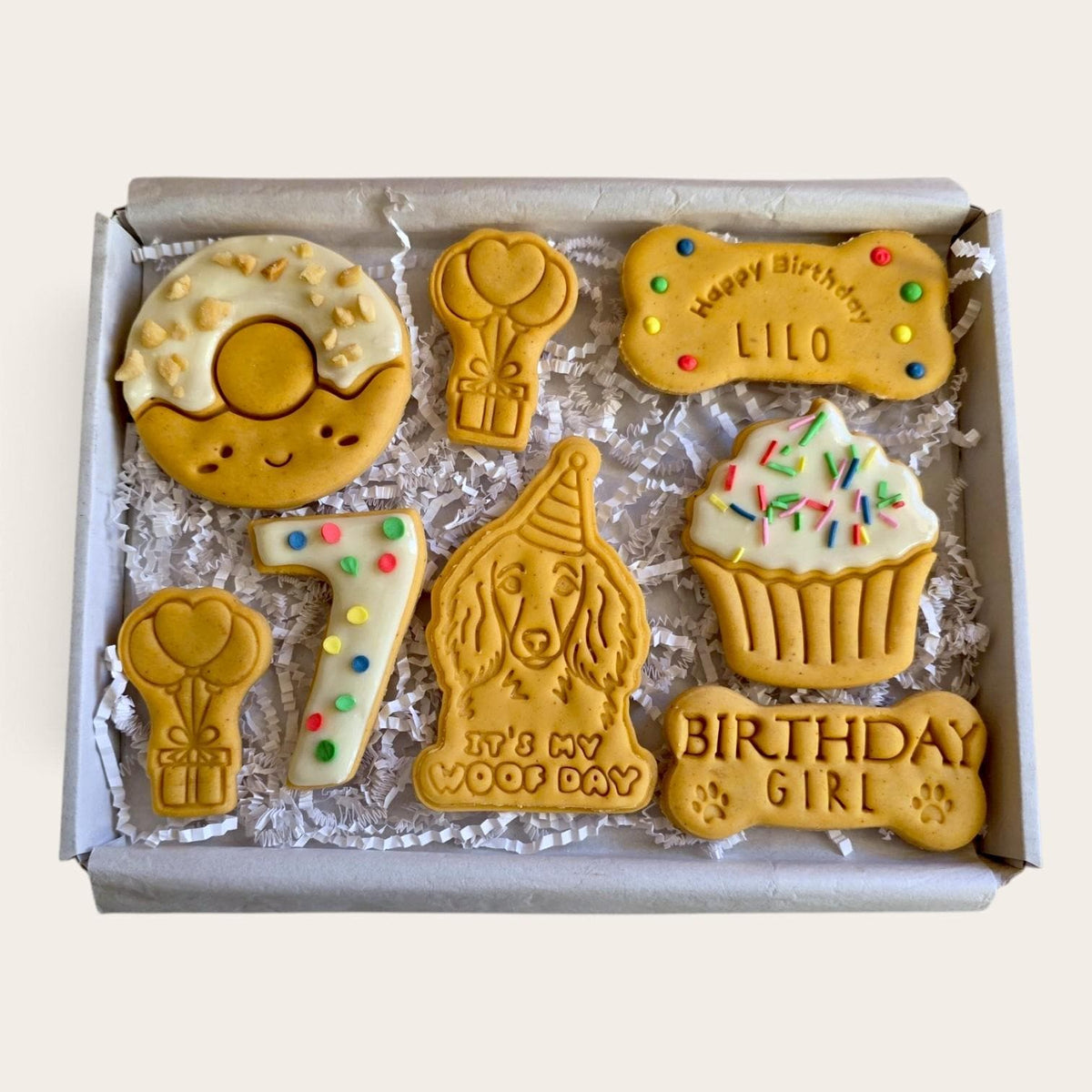 Personalised Dog Breed Birthday Goodies, Iced Biscuits Treat Box - Woof&Crunch