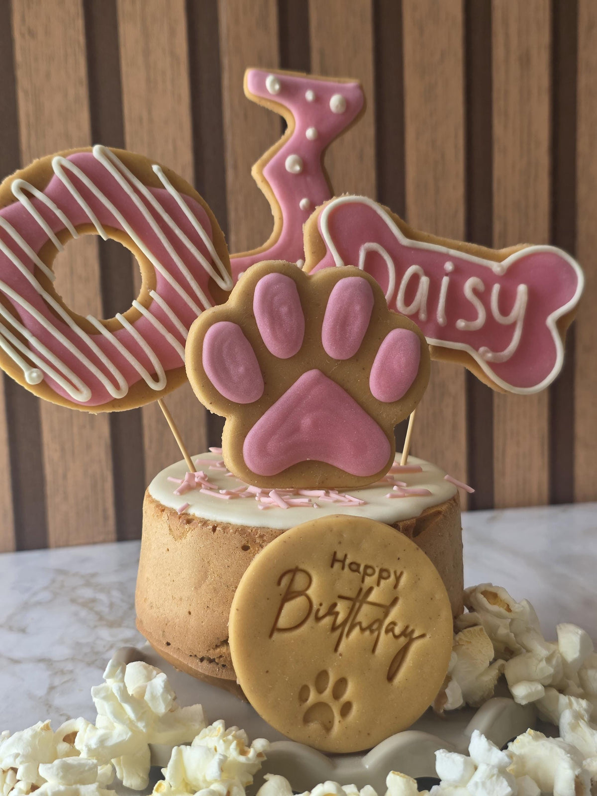 Dog Birthday Cake Treat Box with Iced Biscuit Toppers - Woof&Crunch