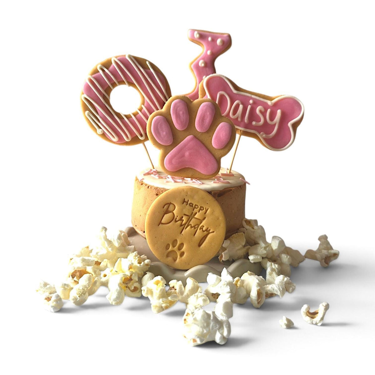 Dog Birthday Cake Treat Box with Iced Biscuit Toppers - Woof&Crunch