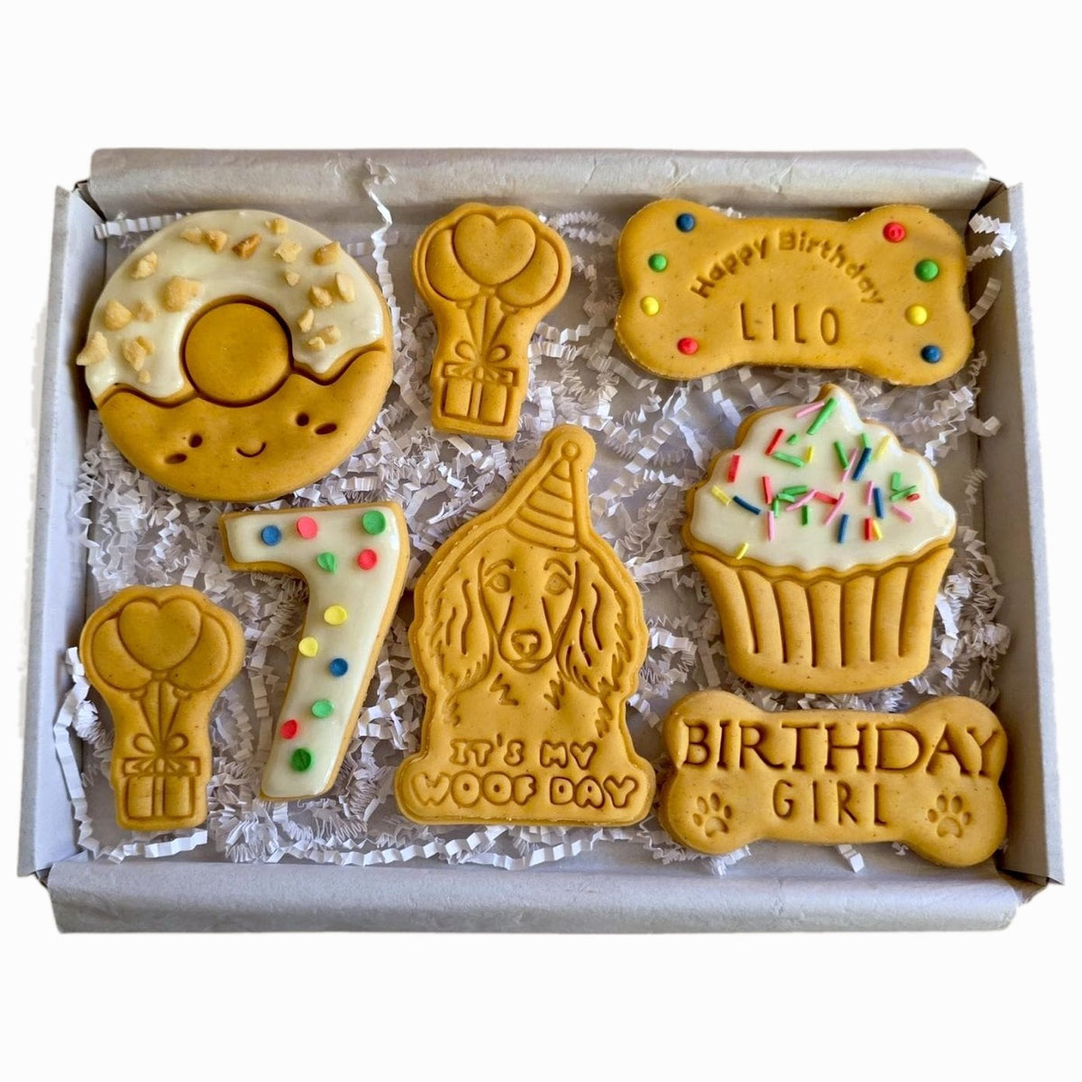 Personalised Dog Breed Birthday Goodies Iced Biscuits Treat Box - Woof&Crunch