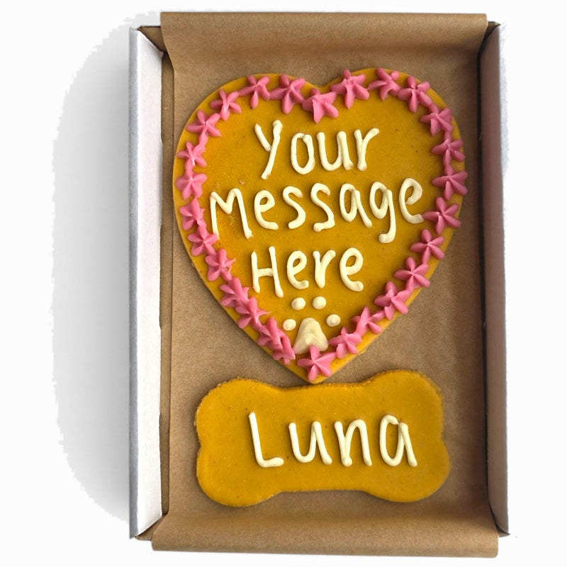 Personalised Dog Treat Gift Box Heart And Bone Biscuits - Woof&Crunch